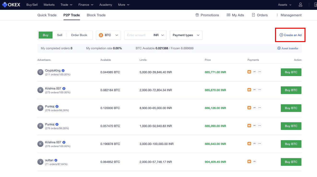OKEx P2p trading