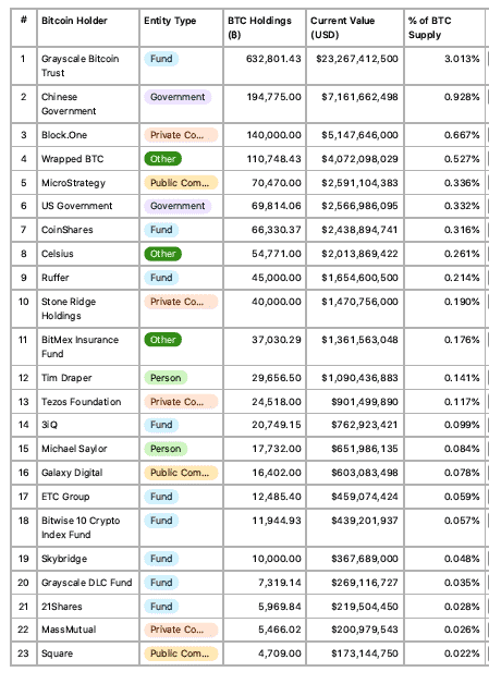 Top Bitcoin Holders- Institutional Investors