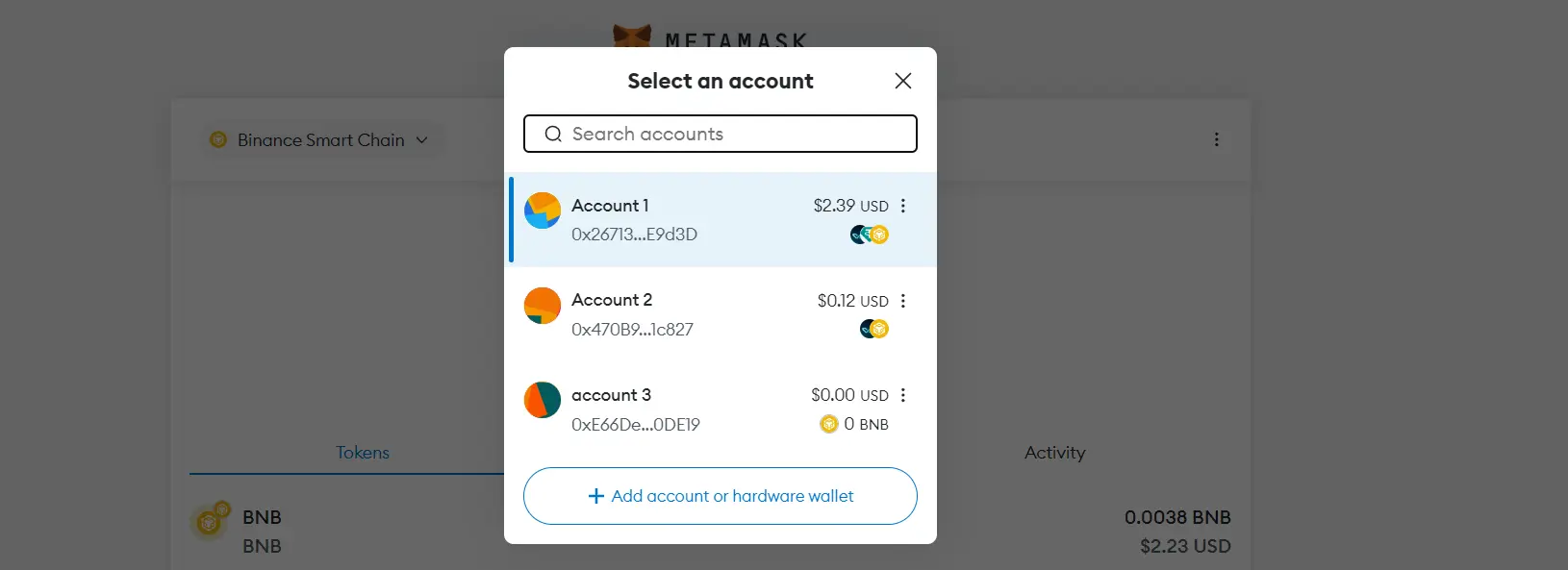 metamask accounts on the wallet created