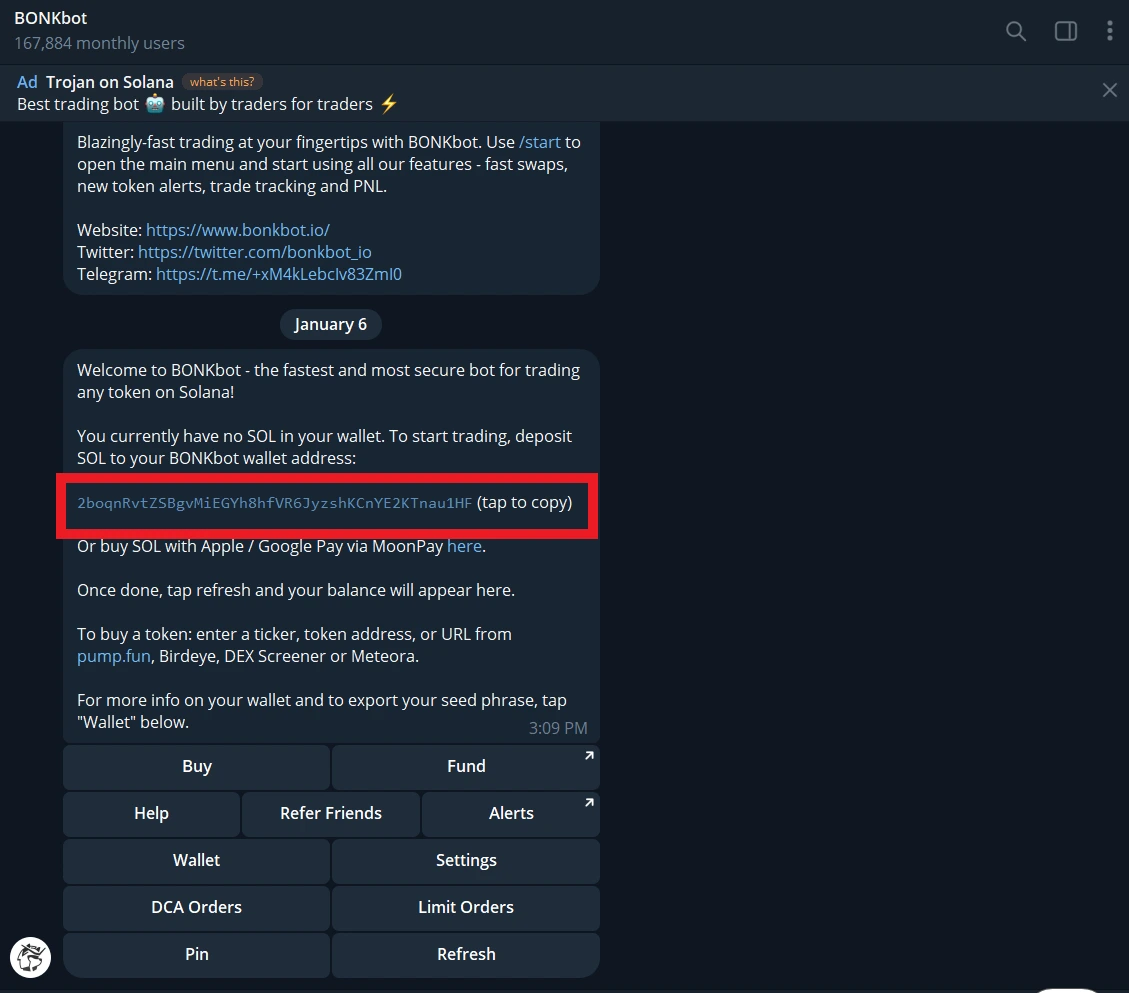 copy wallet address on bonkbot