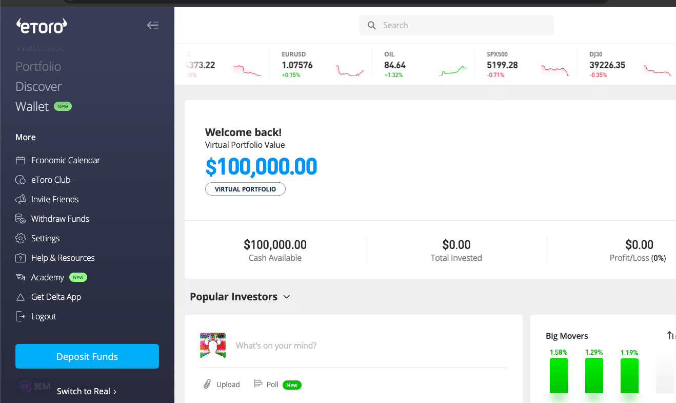 eToro demo account provides $100k in virtual money