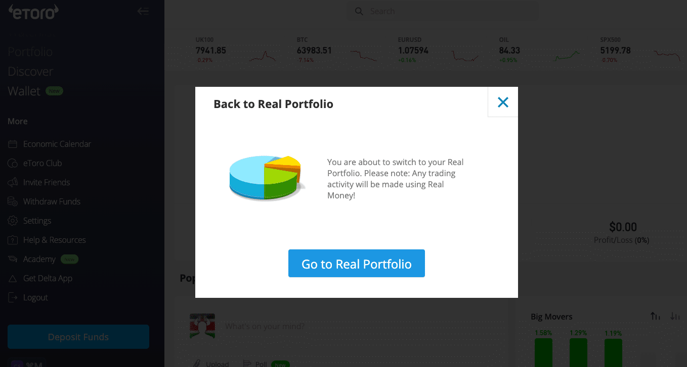 Switching virtual and real profiles on eToro