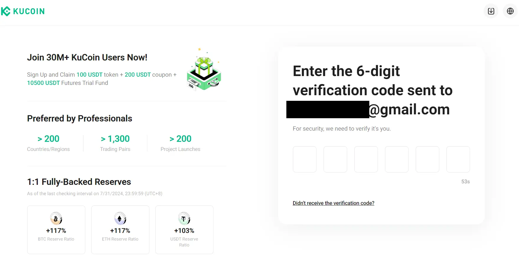 email verification code for signing up on Kucoin