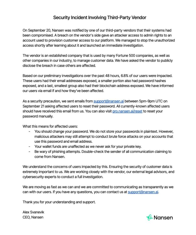 Nansen Security Breach Notice