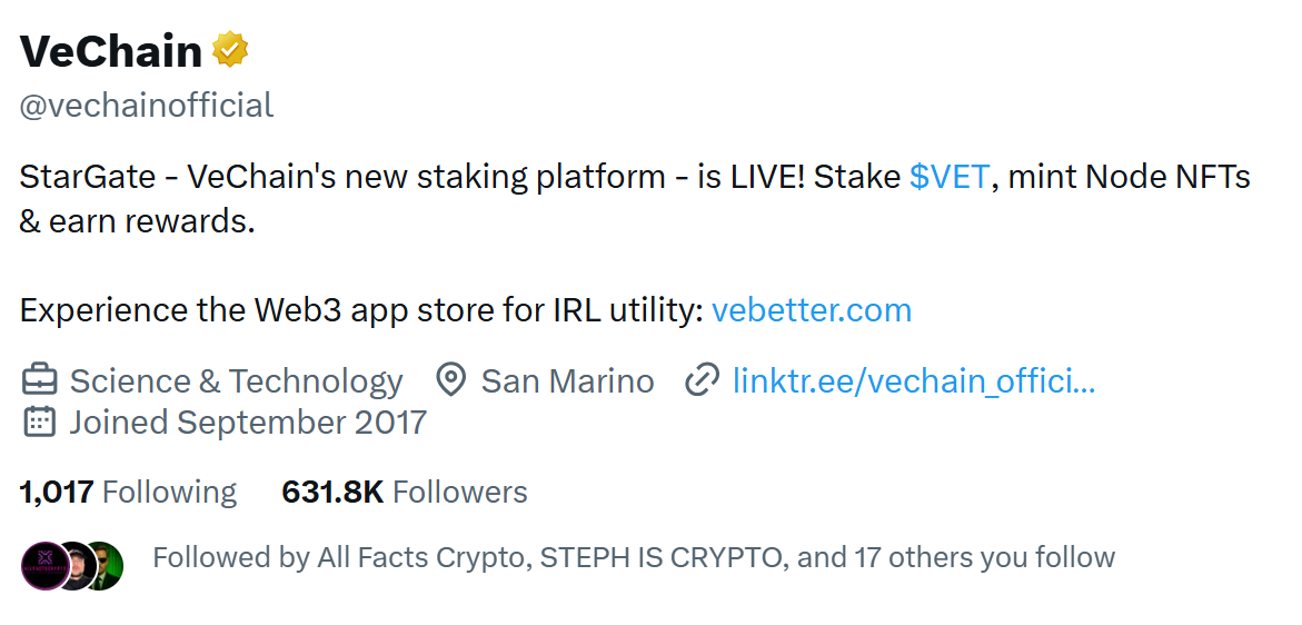 VeChain X.com profile
