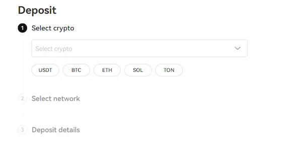 Select the crypto to deposit and the network