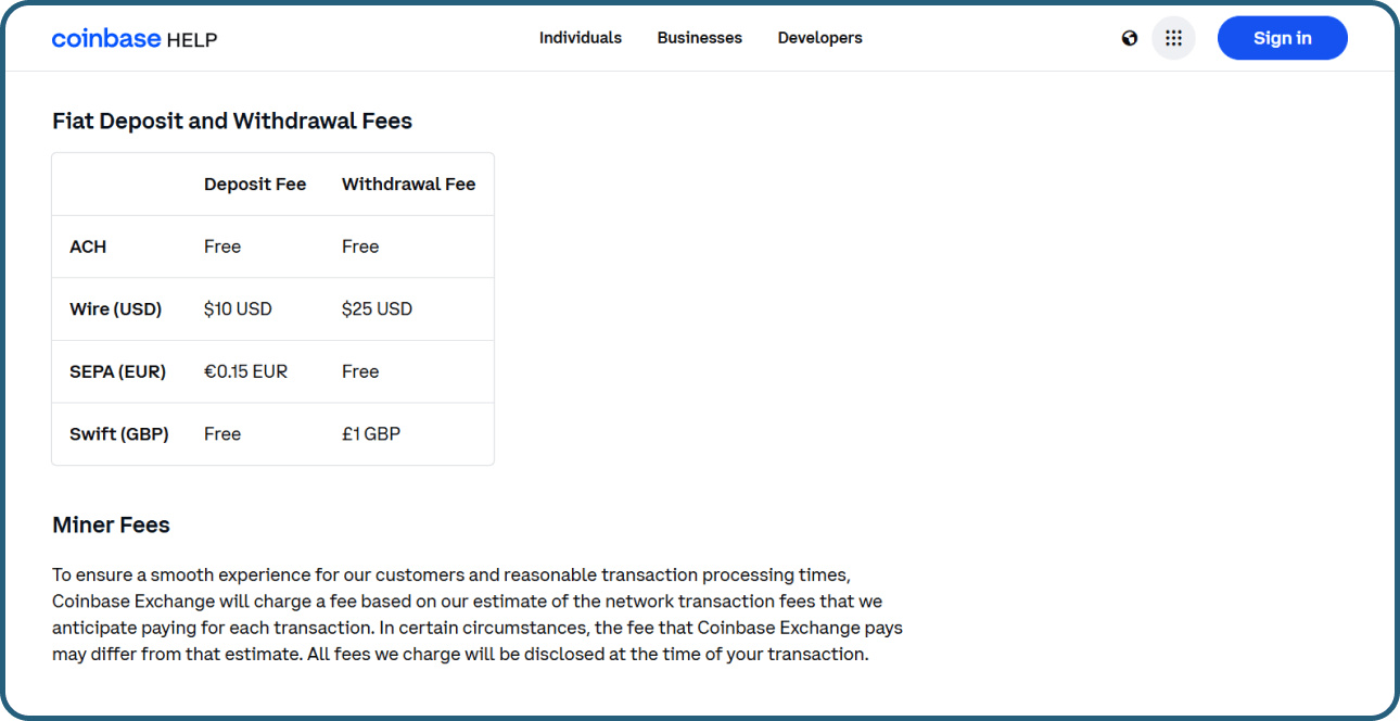 Coinbase fees page