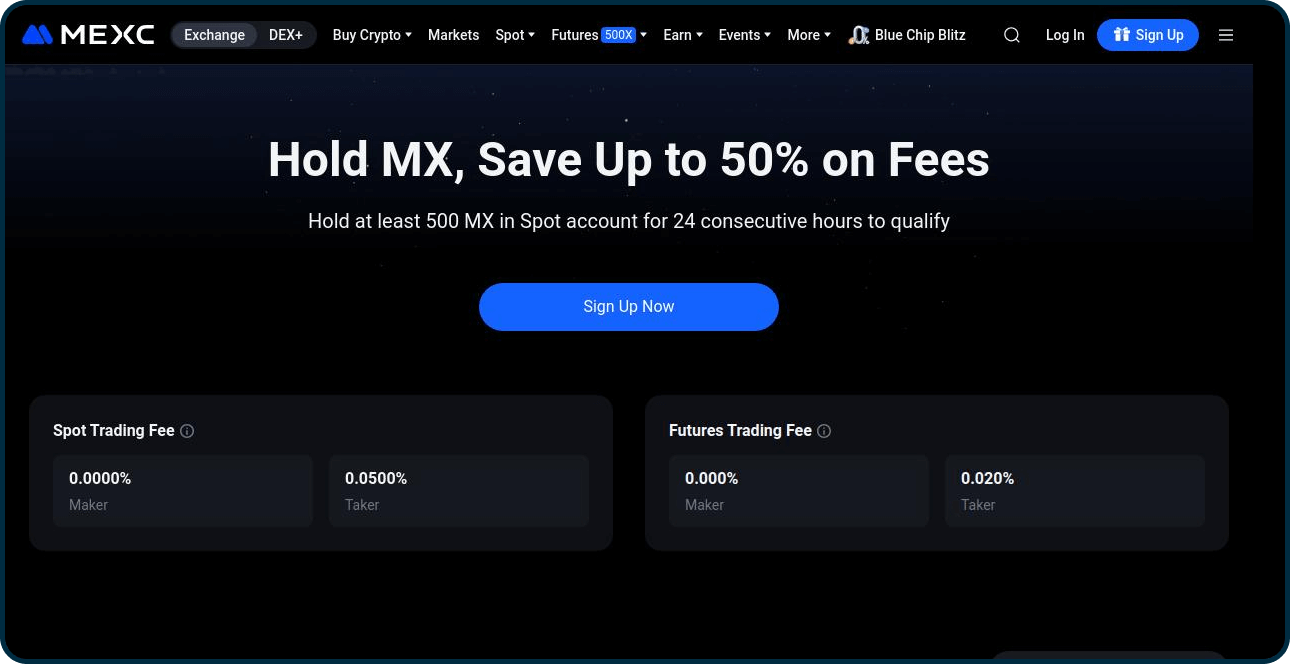 MEXC fees page - one of the top low fee crypto exchange best for spot trading