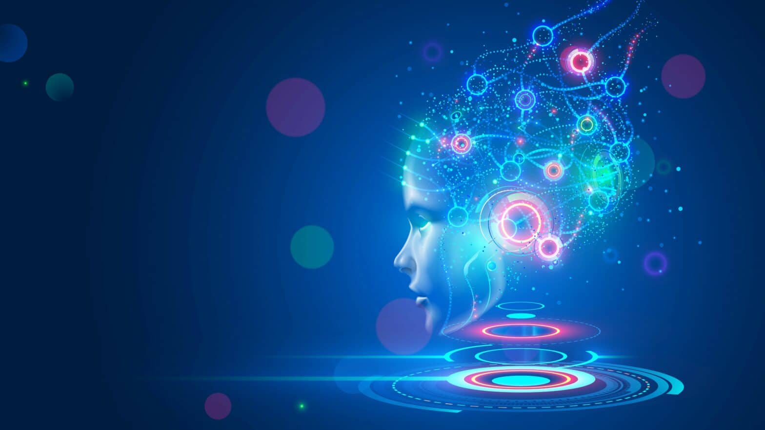 Artificial intelligence. AI head with neural network brain hanging over virtual digital podium. Wise female face in cyberspace. Machine learning. Mind of cyborg or robot in vr reality. Future concept