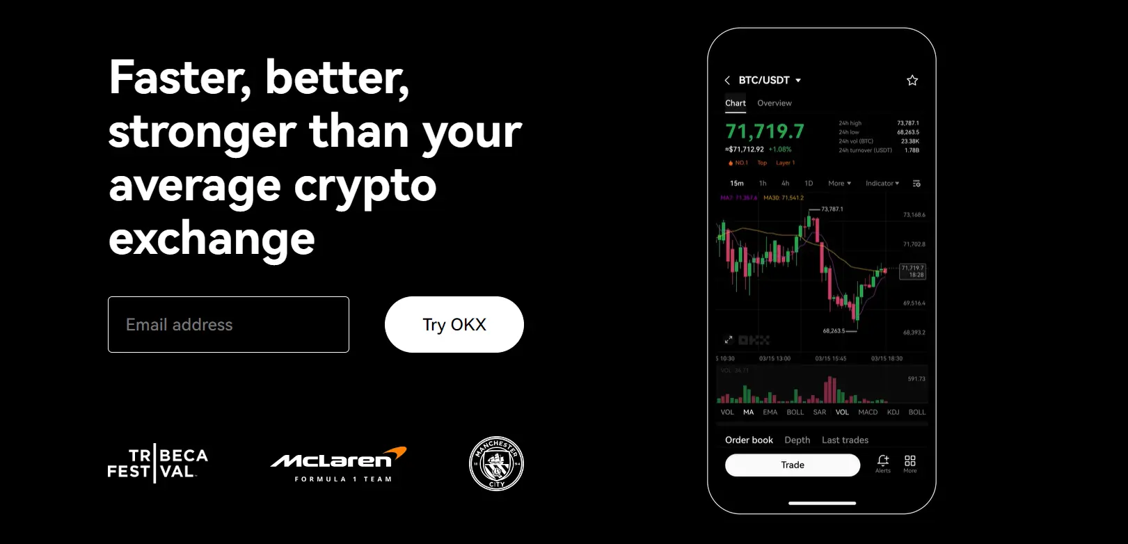 OKX homepage showcasing the mobile app