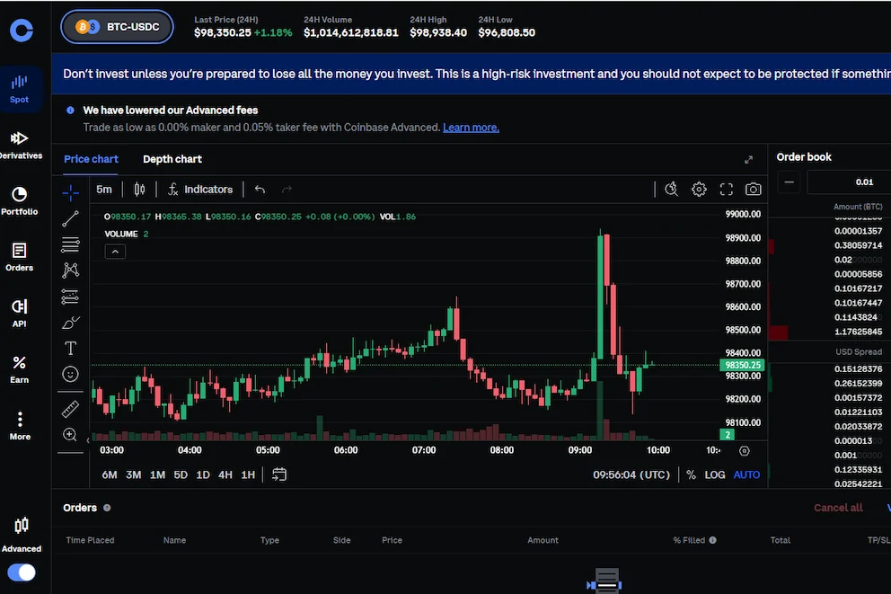 Coinbase's advanced trading platfrom is available as one of the best crypto exchanges in Canada