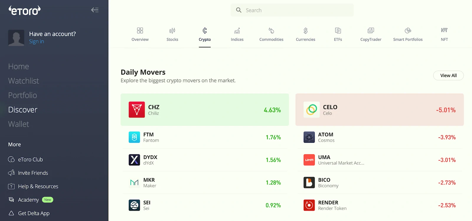 Cryptocurrencies on Etoro