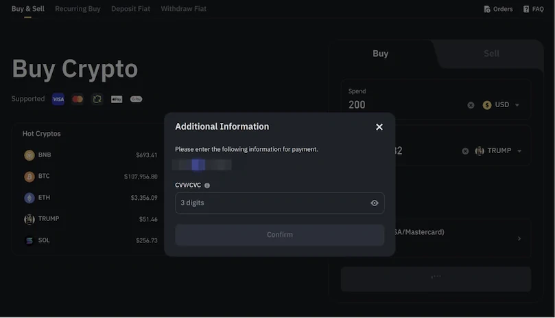 funding binance account to buy Trump coin