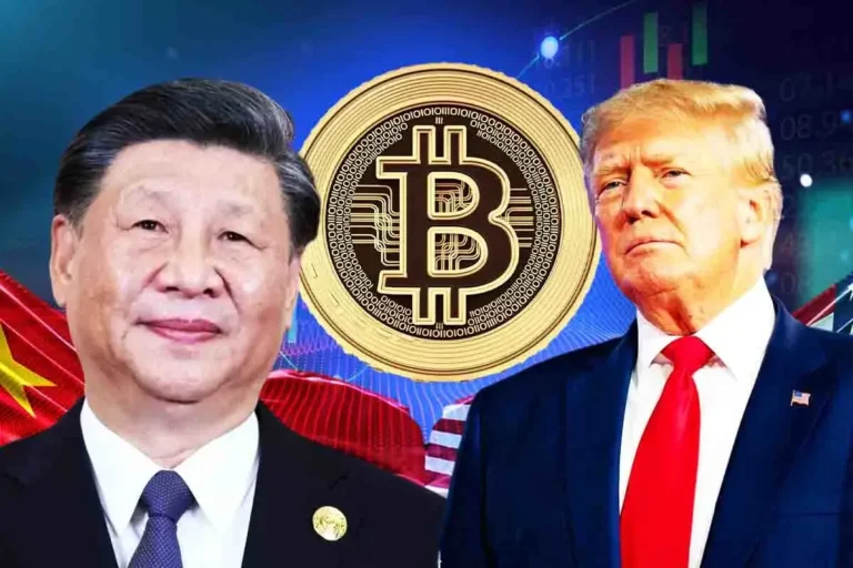 Donald Trump, China's president, and Bitcoin logo