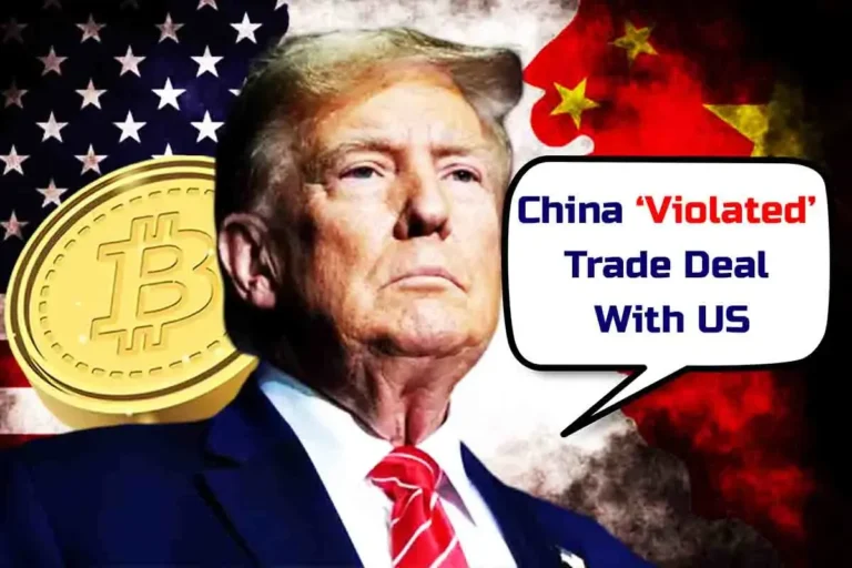 Bitcoin's logo, Donald Trump, and US and China's flag.