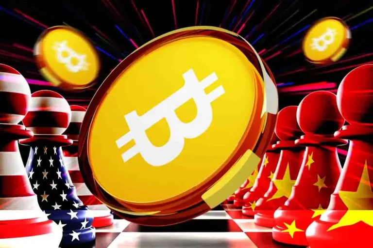 An image of Bitcoin's logo with US and China's flags