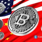 an image of the U.S. and China flags and Bitcoin logo