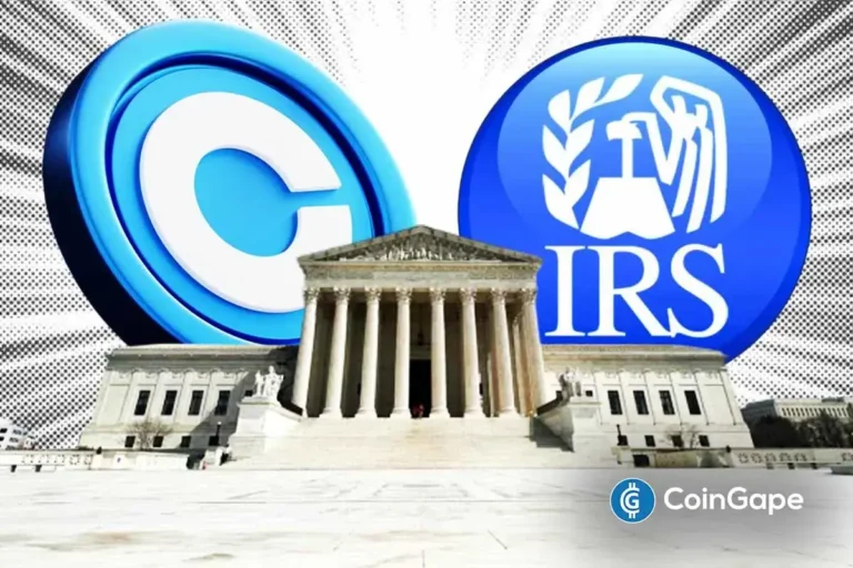 an image of the US Supreme Court, Coinbase logo and IRS logo