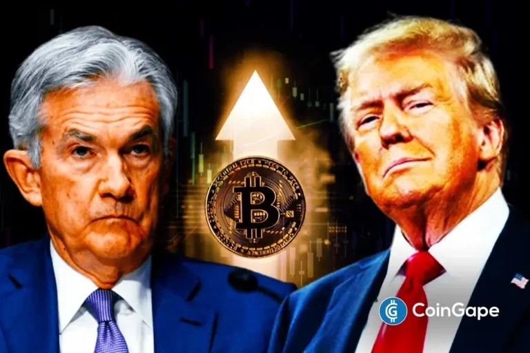 An image which includes Trump, powell and the Bitcoin logo to indicate the BTC price