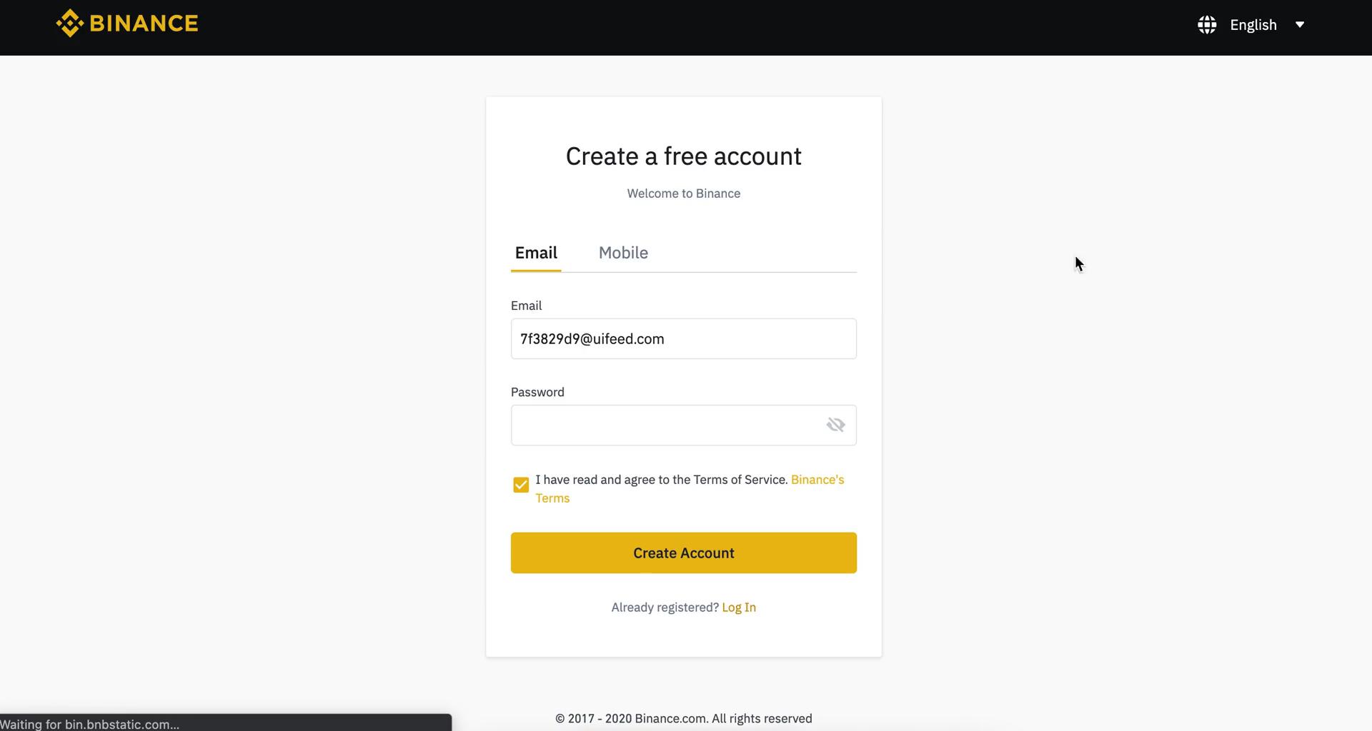 binance signup page