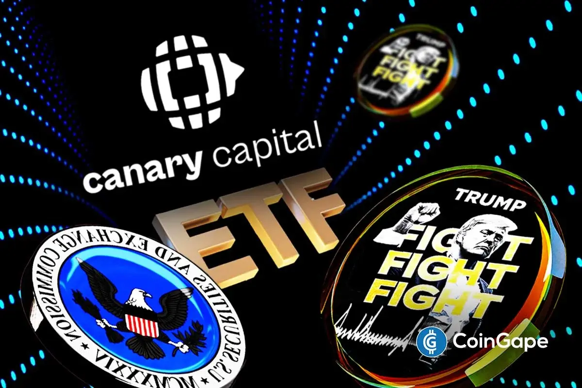 An image of Canary Capital, SEC, and TRUMP coin's logo to represent the Trump coin ETF