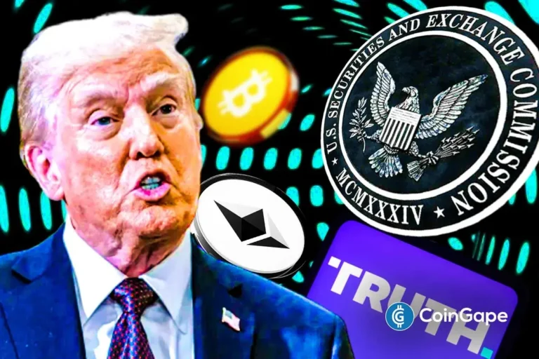 Donald Trump's image, Truth Social, SEC, BTC, and ETH's Logos