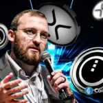 An image of the Cardano founder, XRP and Midnight logos