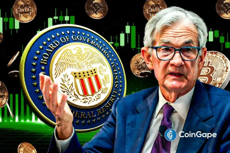 An image of Jerome Powell and the BTC price rise on the back of the possibility of a Fed rate cut