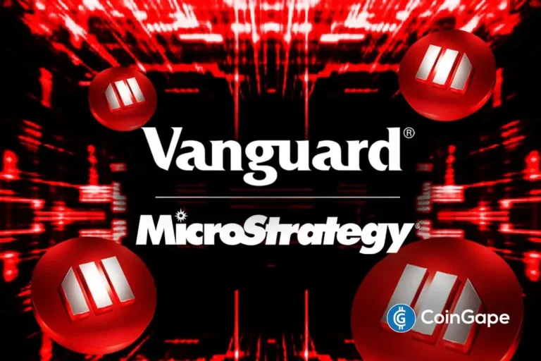 MicroStrategy stock decline shown with Vanguard logo and red downward arrows