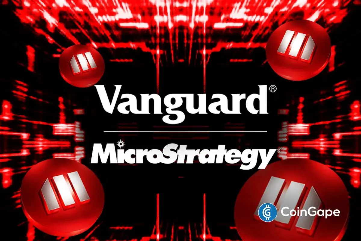 MicroStrategy stock decline shown with Vanguard logo and red downward arrows