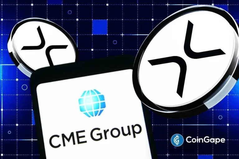 image describing CME Group with XRP symbols highlighting record futures trading.