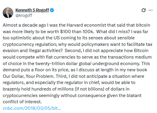 Rogoff accepting his prediction going wrong