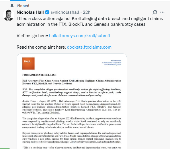 Nicholas Hall shares news of lawsuit againt Kroll