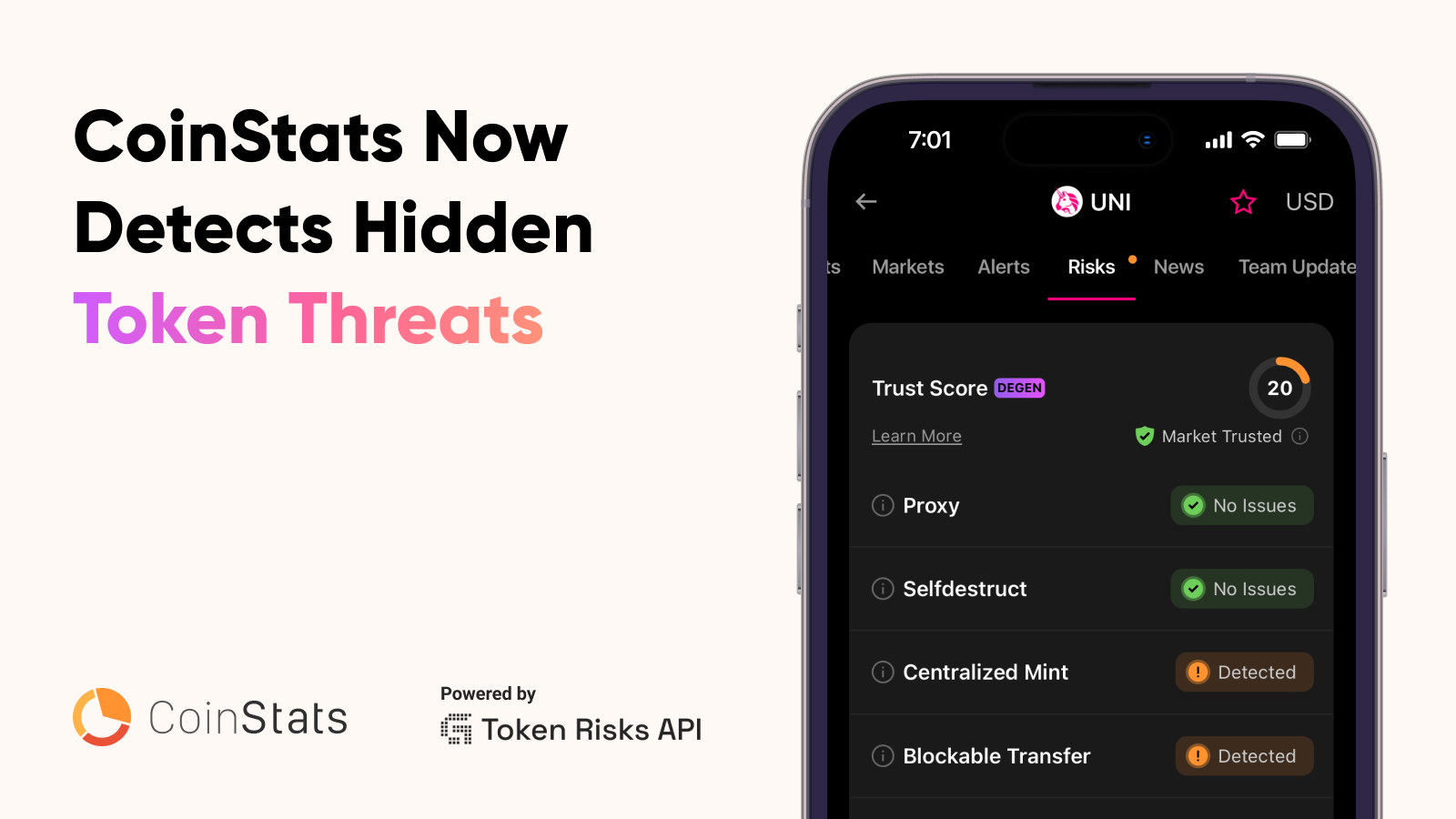 CoinStats UI highlighting smart contract risk detection feature