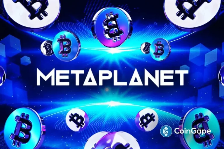 Metaplanet logo with floating Bitcoin symbols highlighting company’s Bitcoin-focused strategy.