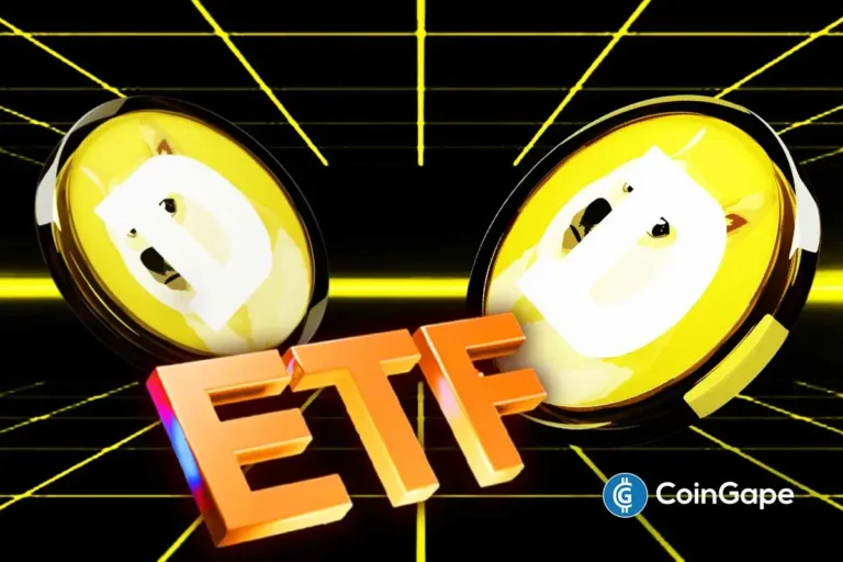 Dogecoin coins with bold ETF text highlighting pending Dogecoin ETF decision.