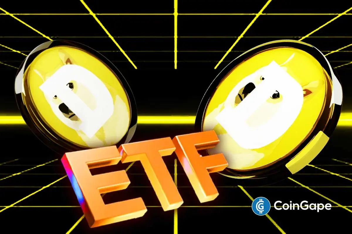 Dogecoin coins with bold ETF text highlighting pending Dogecoin ETF decision.
