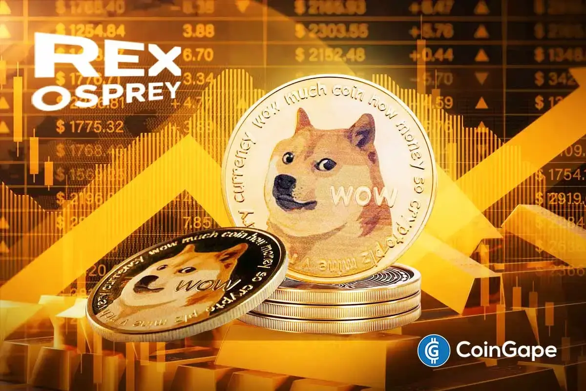 Dogecoin price chart shows rounding bottom with REX Osprey ETF news driving $5 speculation