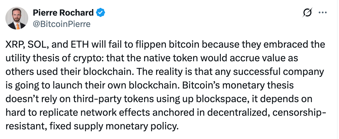 Pierre Rochard Explains why XRP, ETH and SOL will never outperform Bitcoin
