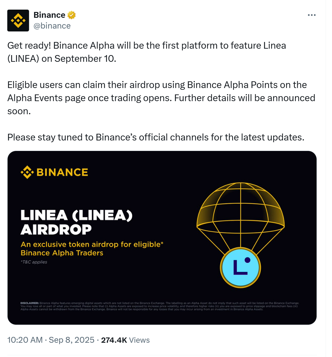 LINEA eligible users can claim Tokens on Binance Alpha