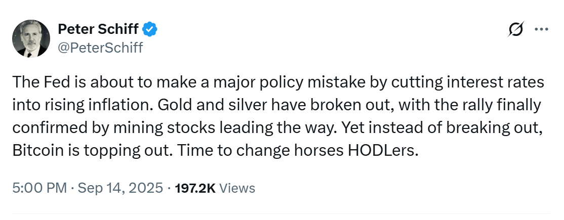 Peter Schiff warns Bitcoin is topping out 