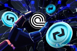 an image of Robotic hand holding Ondo Finance and Bitget tokens symbolizing tokenized assets.