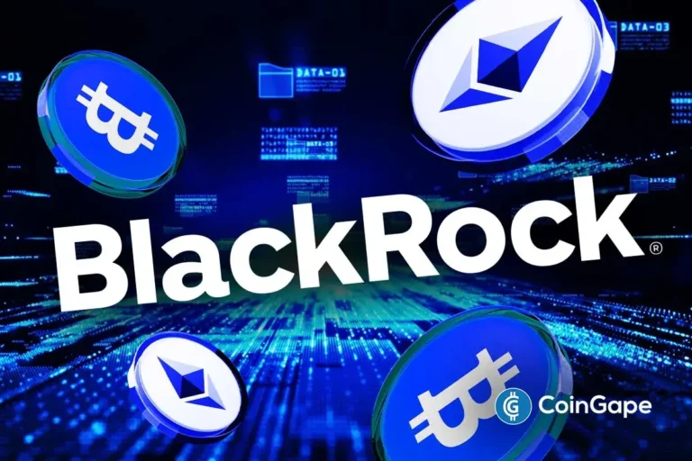 BlackRock logo with Bitcoin and Ethereum icons highlighting ETF inflows and outflows