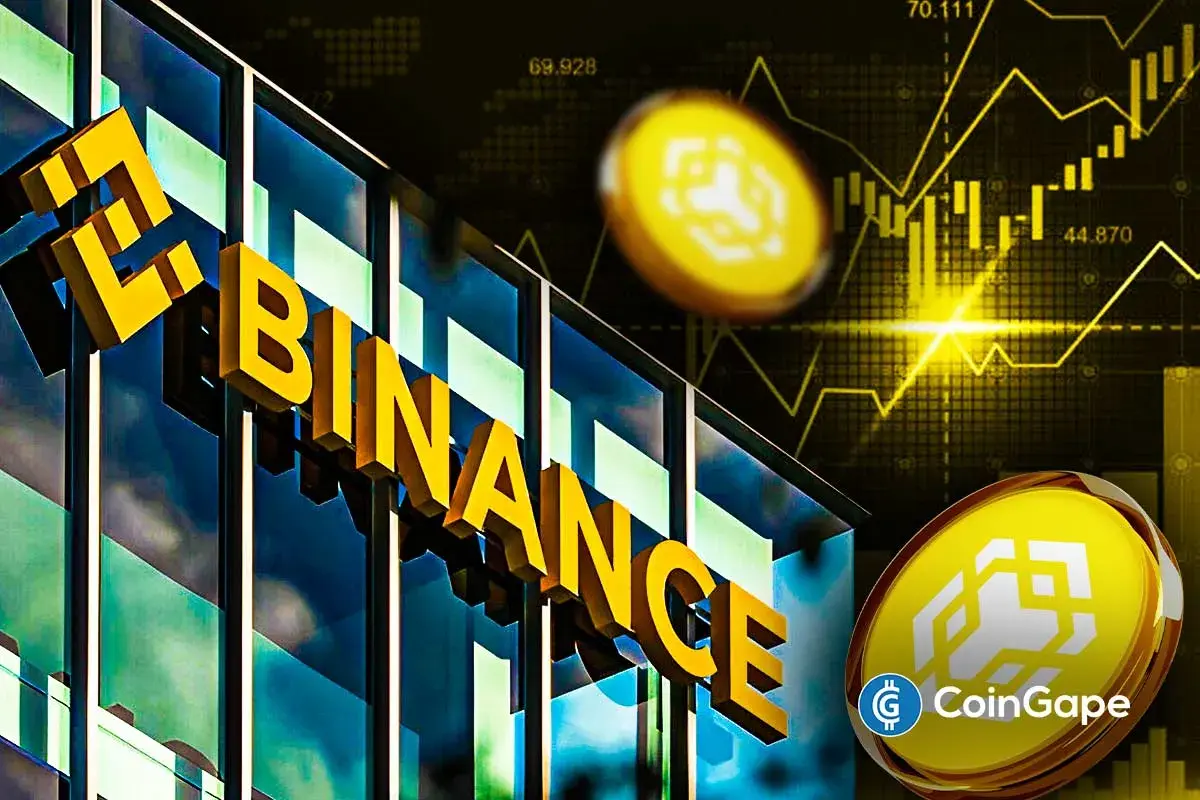 Binance logo with BNB coins and rising price chart in background