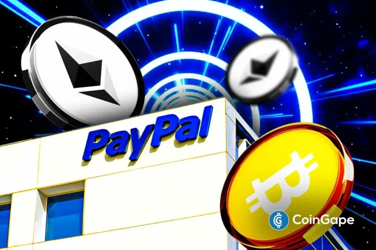 PayPal building with Bitcoin and Ethereum symbols representing new crypto payments