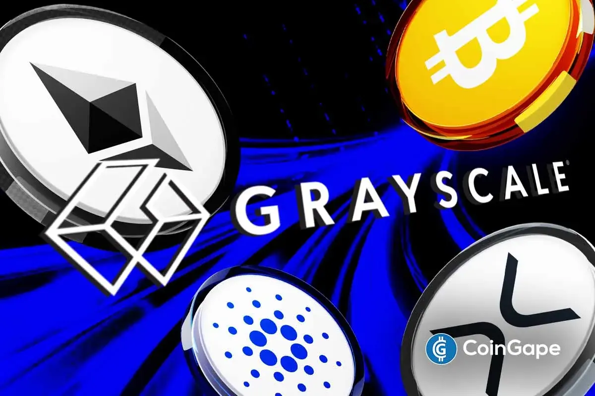 Grayscale ETF launch with Bitcoin, Ethereum, XRP, Solana, and Cardano logos.