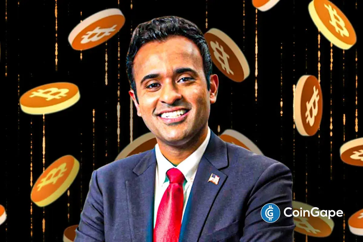 Vivek Ramaswamy smiling with Bitcoin graphics, symbolizing Strive’s major crypto move.