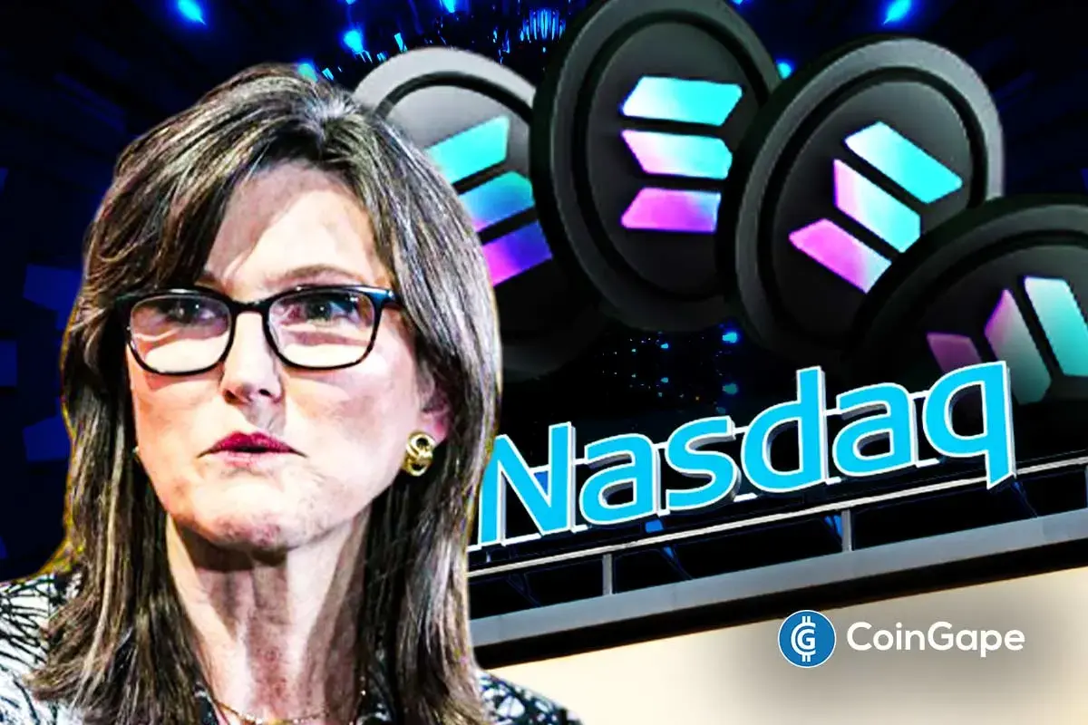 Cathie Wood with Solana and Nasdaq logos, symbolizing Ark Invest backing a treasury firm.