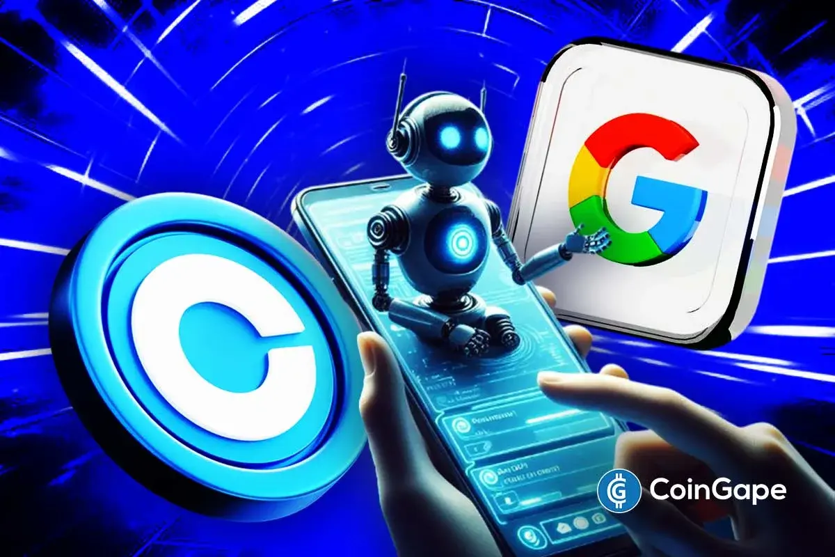 Robot on smartphone with Coinbase and Google logos, symbolizing AI payments.