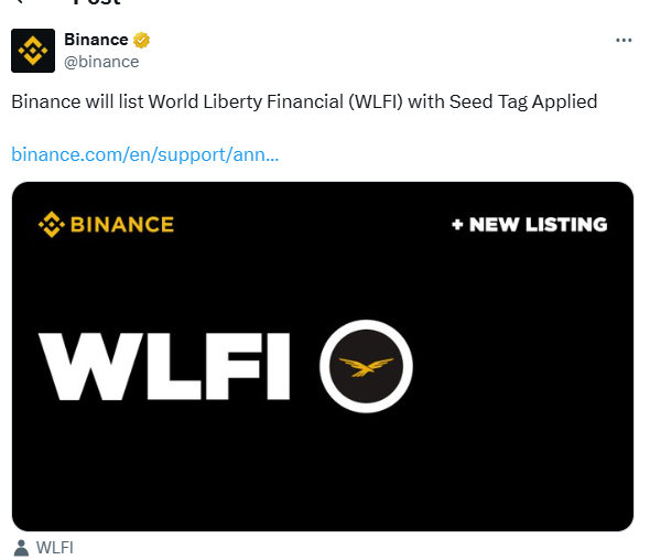 Binance announces the listing of the WLFI token 